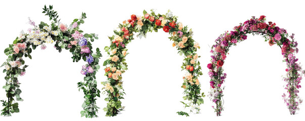  Set of beautiful wedding flower arches on transparent background