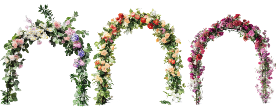  Set of beautiful wedding flower arches on transparent background