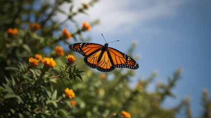 A monarch butterfly with black and orange wings hovers in mid-air, with yellow flowers and green foliage in the background.