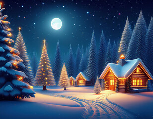 Naklejka premium Winter landscape with old wooden houses in the town at night with full moon and christmas tree 