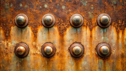 A weathered metal surface with circular fasteners, showcasing the beauty of time and the passage of seasons.