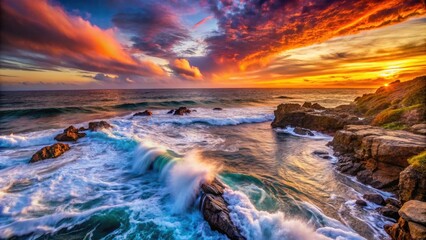 A breathtaking sunset illuminates the sky, while waves surge over the reef, offering a captivating canvas for stunning seascape imagery and calming inspiration.