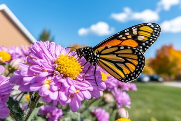 Fototapeta premium Butterflies and bees sharing a flower, a delicate balance of pollinators in a vibrant garden