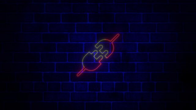 neon, glowing Electric plugs icon symbol video animation on brick wall.