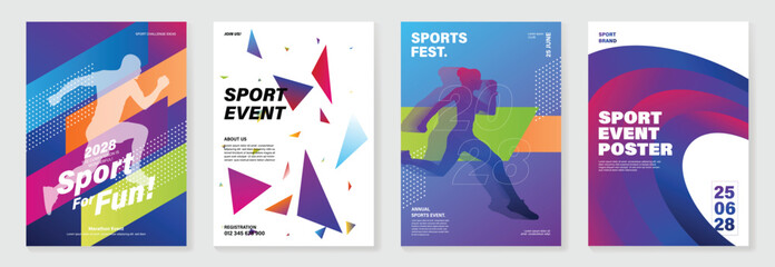 Sport event poster design background vector set. Running sport cover template with vibrant abstract gradient geometric shape and people running. Ideal design for social media, flyer, promotion, card.