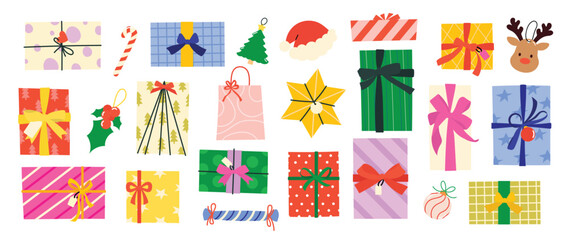 Set of decorative christmas element vector illustration. Collection of christmas tree, reindeer, bauble ball, gift, reindeer, hat. Design for sticker, card, poster, invitation, greeting.