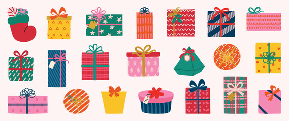 Set of decorative christmas element vector illustration. Collection of gift box in different shapes and color, ribbon, bow, packaging. Happy Holiday Design for sticker, poster, invitation, greeting.