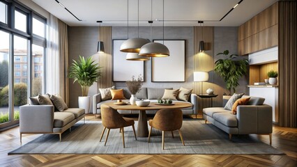 Chic living room design with rounded furnishings and a spacious canvas, ideal for capturing stunning food photography that complements the modern ambiance. Bright and appealing.