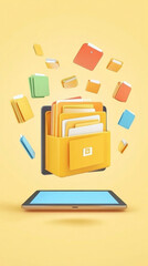 A tablet with a yellow folder on it with many other folders in the air. The folder is labeled with the letter J