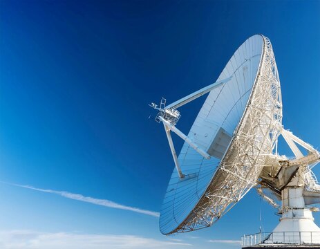 Earth based astronomical radio telescope. Radio telescopes used in science for space observation and distant objects exploring. Radio telescope pointing to the sky with clear blue sky background 