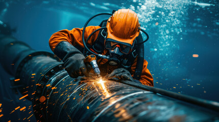 Diver welding submerged pipeline, showcasing sparks and underwater activity. scene captures intensity and skill involved in underwater welding, highlighting divers protective gear and intricate work