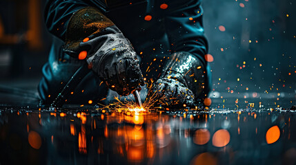 Welding sparks illuminate dark surroundings as skilled worker uses torch to join metal pieces. intense focus and precision highlight artistry of this industrial process