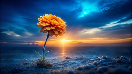 Obraz premium A solitary blossom reaching towards the fiery sky, a symbol of resilience and hope amidst the fading light of day.