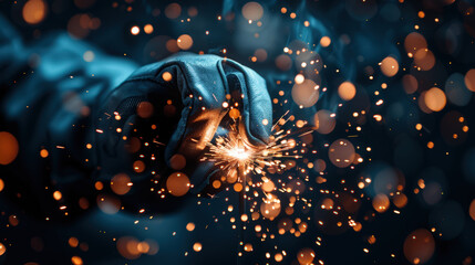 close up of gloved hand creating sparks while welding, surrounded by mesmerizing display of glowing particles. scene captures intensity and artistry of welding process