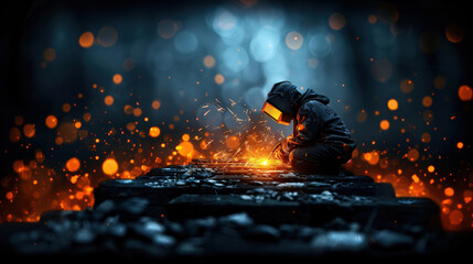 child in dark environment is focused on glowing forge, surrounded by sparks and warm light. scene captures sense of wonder and creativity