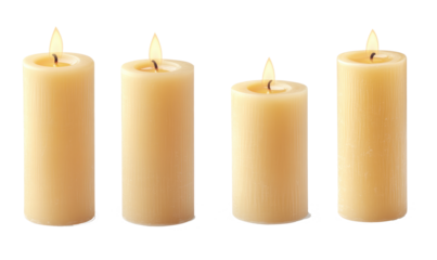 Set of pillar candles with flames illuminated on transparent background