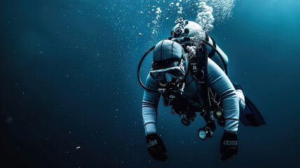 Fototapeta premium Diver underwater exploring deep blue ocean, surrounded by bubbles and marine life. scene captures essence of adventure and beauty of underwater exploration