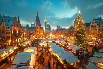 Fototapeta premium A Vibrant and Bustling Christmas Market Scene with Decorative Lights and Historic Architecture