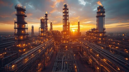 Oil Refinery Plant at Sunset with Glowing Lights and Complex Pipelines