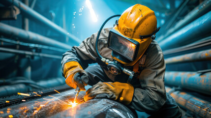 Obraz premium Underwater diver welding steel sections with precision, wearing protective gear and helmet, surrounded by industrial pipes and sparks flying