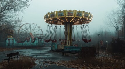 An Abandoned Carousel and Ferris Wheel in a Foggy Forest