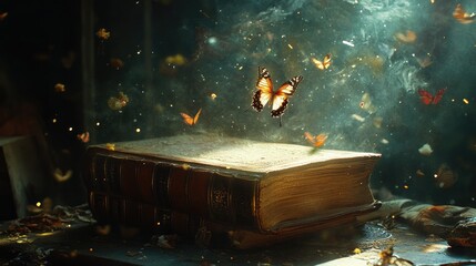 A mystical still life featuring an ancient leather-bound book emanating magical light, surrounded by swirling particles and ethereal butterflies, creating an aura of arcane knowledge