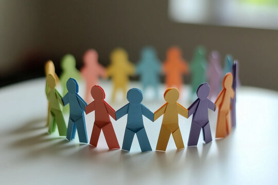 An origami representation of diverse people coming together in a circle, symbolising unity and collaboration, with copy space.