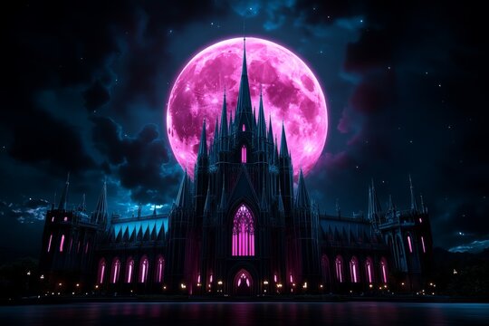 Gothic castle illuminated by soft pink moonlight, with shadows cast by the pink-tinted glow, creating a haunting yet beautiful scene