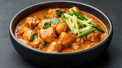 Fototapeta premium Bowl of red curry with chicken and green vegetables. The dish is served in a black bowl on a dark surface