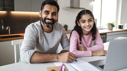 A smiling father and his daughter sit at the table in their modern kitchen, writing notes on notepads with pens while using a laptop computer for online learning or remote education during school.