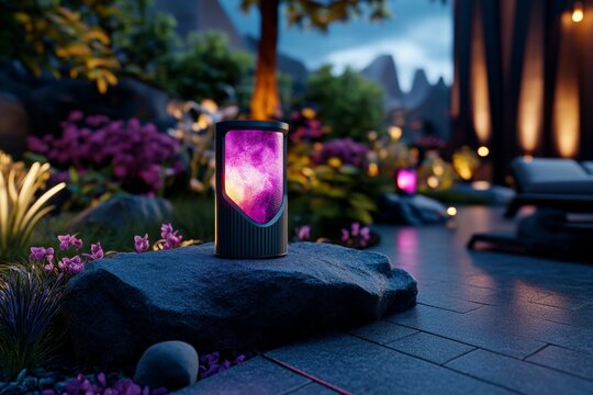 Gothic garden lit by soft pink lanterns, with a mix of dark shadows and warm pink glows creating a mysterious atmosphere