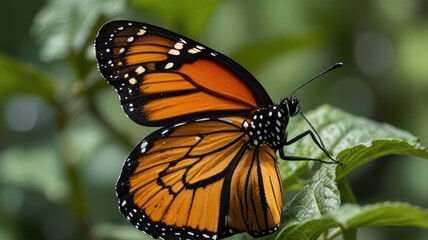 Obraz premium A monarch butterfly with orange and black wings rests on a green leaf.