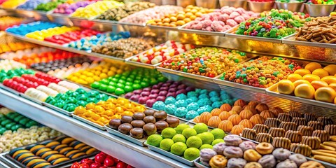 A vibrant display of colorful treats arranged in rows, showcasing a delightful selection of sweets and candies, inviting customers to indulge in a sugary adventure.