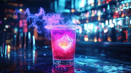 A striking neon cocktail in a high-tech bar, glowing vibrantly with smoke tendrils curling around, encapsulating a cyberpunk aesthetic with futuristic holographic elements
