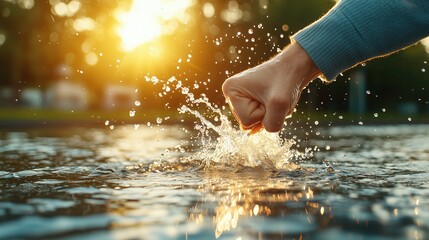 Person is punching in the air while water splashes around them. Concept of freedom and joy, as the person is enjoying the moment and letting go of their worries
