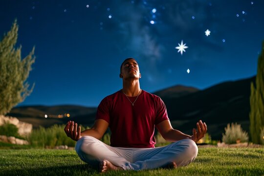 Hermetic scholar meditating under the stars, with celestial symbols glowing in the night sky, symbolizing the connection between the microcosm and macrocosm