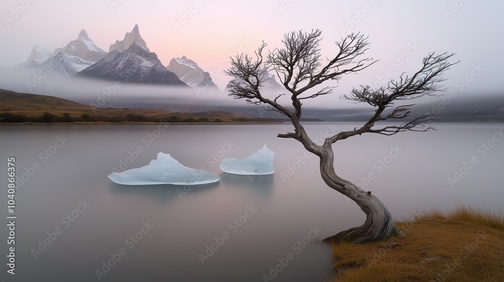 Wall mural tree is standing in front of a body of water with ice floating on it. the scene is serene and peacef