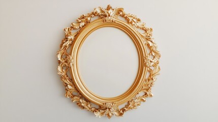 A stunning gold oval frame featuring baroque craftsmanship, suspended in a serene white backdrop, illuminated dramatically to highlight its exquisite details