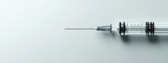 Healthcare symbol, syringe design on light gray backdrop, minimalist representation of medical services and vaccination concepts