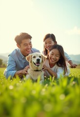 Obraz premium Joyful Asian Family Playing with Their Beloved Dog in a Lush Green Field Under a Bright Sunny Sky, Capturing Pure Happiness and Togetherness