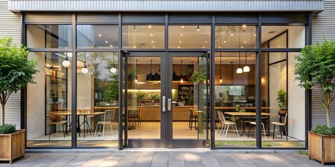 Cafe entrance with glass door and large glass windows, cafe, entrance, glass, door, windows, coffee, shop, exterior