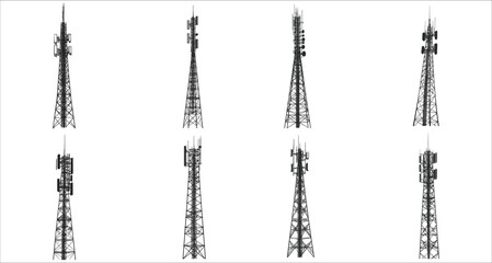 Tower wireless icon silhouettes. Communication tower icon vector. Set of wireless radio tower silhouettes. Black silhouettes of radio tower vector. Wireless tower silhouettes for business networking