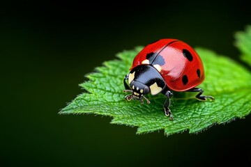 Fototapeta premium Ladybug crawling on a green leaf, with its bright red shell standing out against the foliage