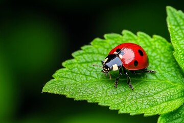 Fototapeta premium Ladybug crawling on a green leaf, with its bright red shell standing out against the foliage