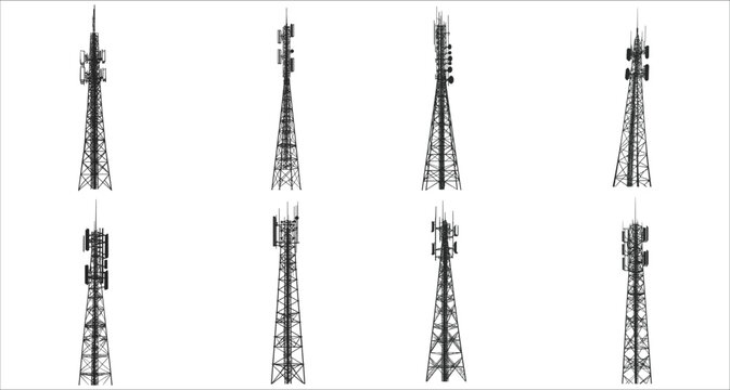 Tower wireless icon silhouettes. Communication tower icon vector. Set of wireless radio tower silhouettes. Black silhouettes of radio tower vector. Wireless tower silhouettes for business networking