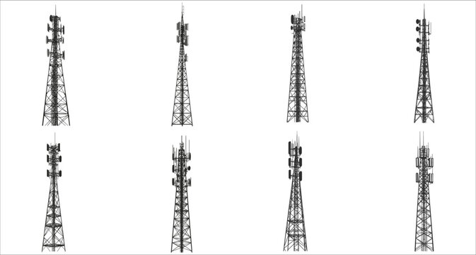 Tower wireless icon silhouettes. Communication tower icon vector. Set of wireless radio tower silhouettes. Black silhouettes of radio tower vector. Wireless tower silhouettes for business networking
