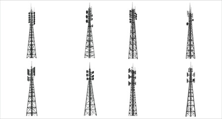 Tower wireless icon silhouettes. Communication tower icon vector. Set of wireless radio tower silhouettes. Black silhouettes of radio tower vector. Wireless tower silhouettes for business networking