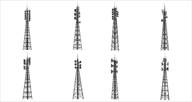 Tower wireless icon silhouettes. Communication tower icon vector. Set of wireless radio tower silhouettes. Black silhouettes of radio tower vector. Wireless tower silhouettes for business networking