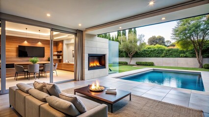 Modern living room with fireplace, TV, and open sliding door leading to a pool in a backyard, modern, living room, fireplace