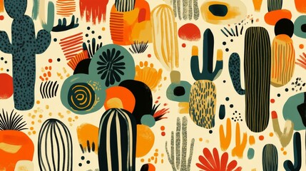 Seamless Vintage-Style Pattern of Colorful Cacti on Cream Background: Perfect for Wall Decor and Fabric Printing